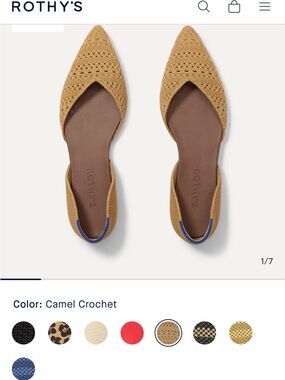 Rothy's Camel Crochet Pointed D'Orsay Flat with Blue Heel Accent Size 9.5
